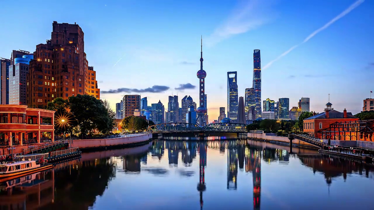 中国上海城市天际线日出延时无商标广告视频素材