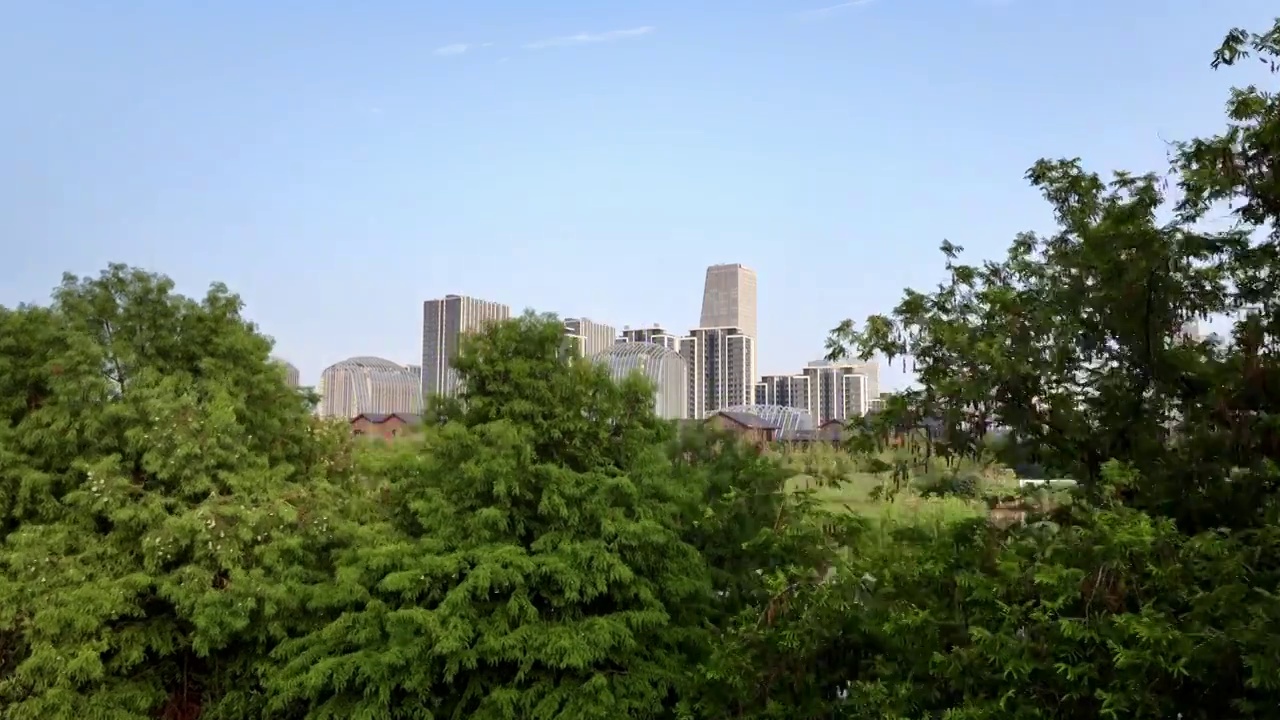 航拍浙江金华多湖cbd商业区现代建筑与八咏公园视频下载