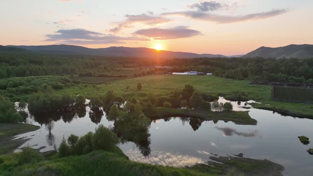 航拍夕阳照耀的森林湿地视频素材