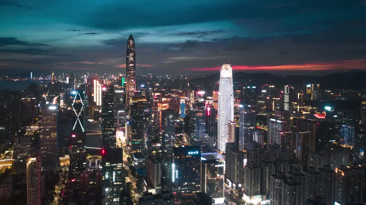 深圳福田城市天际线CBD夜景航拍延时视频素材