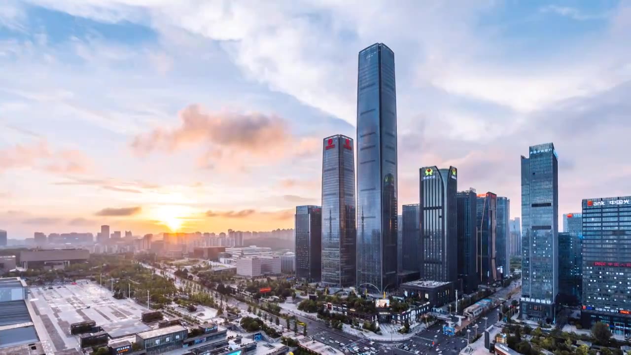 中国贵州贵阳国际金融中心CBD城市天际线高视角日落延时摄影视频下载
