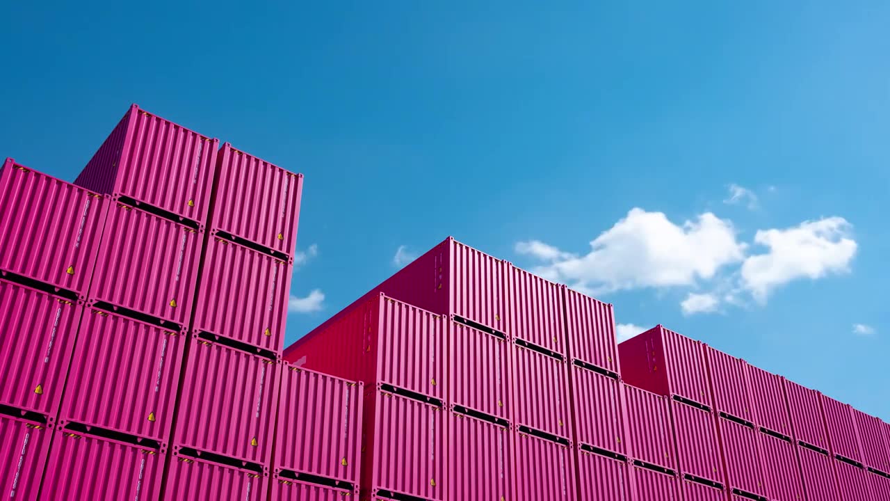 粉色崭新的货物集装箱，蓝天白云延时视频下载