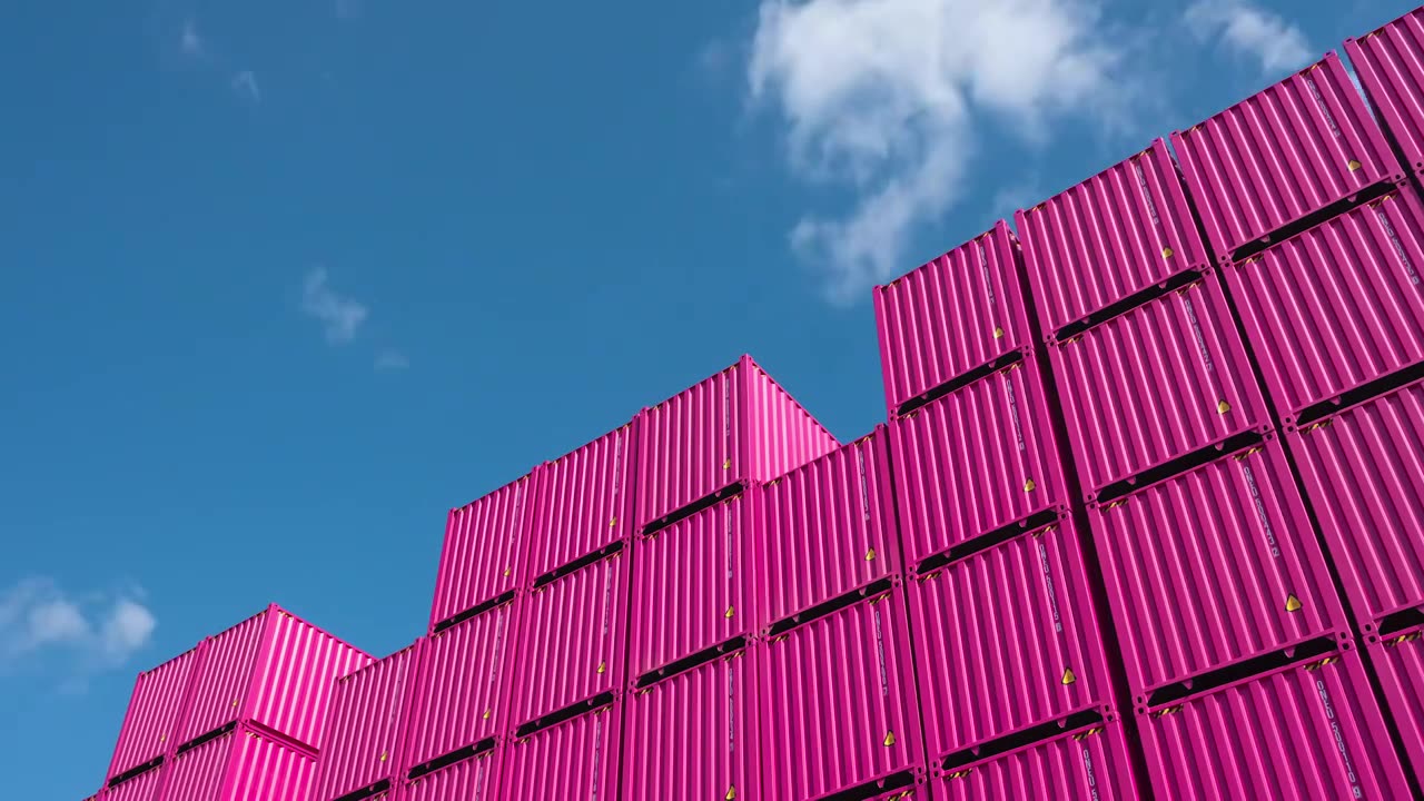 粉色崭新的货物集装箱，蓝天白云延时视频下载