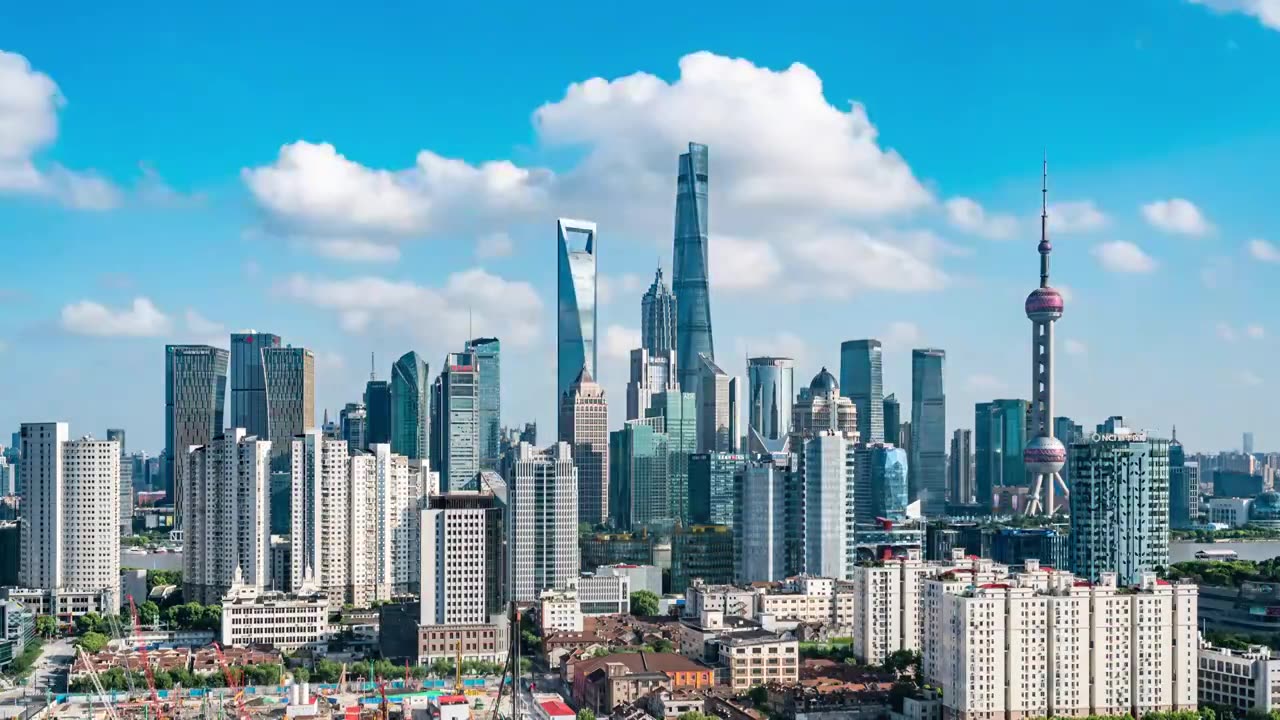 中国上海金融区蓝天白云延时视频下载