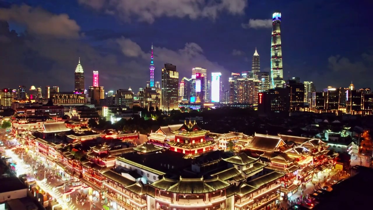 中国上海豫园夜景 航拍视频下载