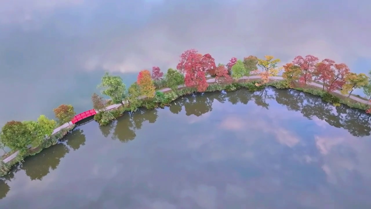 江苏南京植物园南园前湖月牙堤秋色及天空之境视频素材