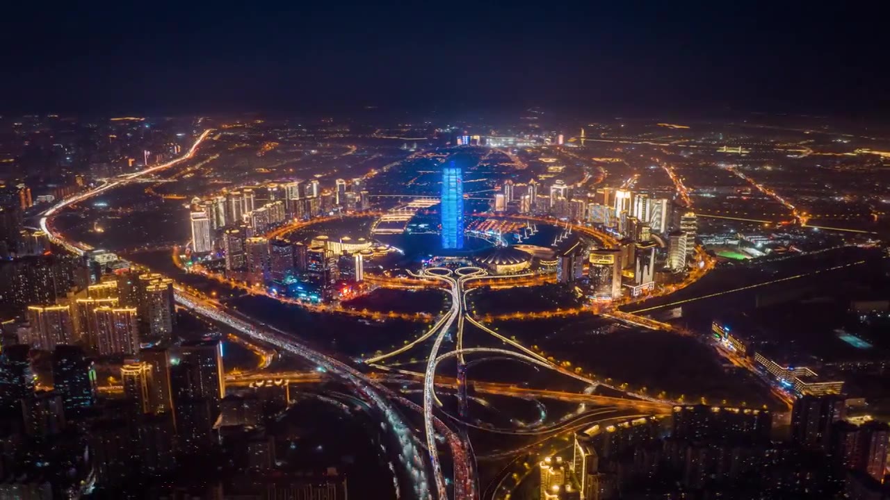 河南郑州市中心CBD大玉米楼航拍城市夜景视频下载
