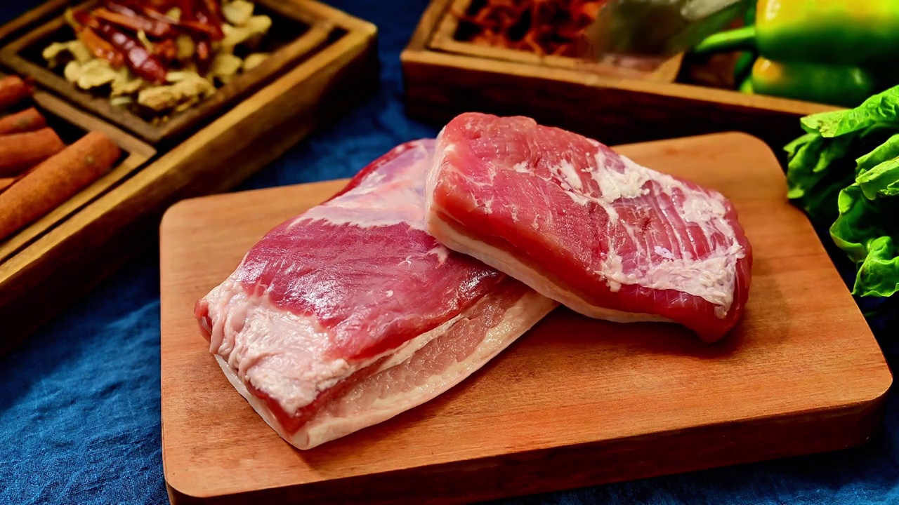 中国美食食材五花肉生鲜肉食视频下载