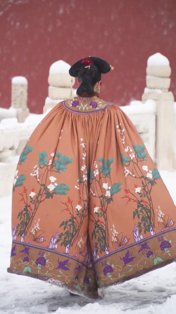 雪中故宫古装人物背影慢镜头视频下载