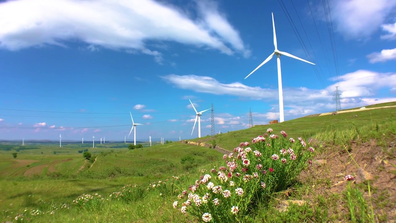 夏季蓝天下的草原与风力发电机组视频素材