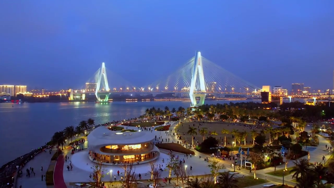 中国海南海口云洞图书馆和世纪大桥高视角夜景航拍视频下载