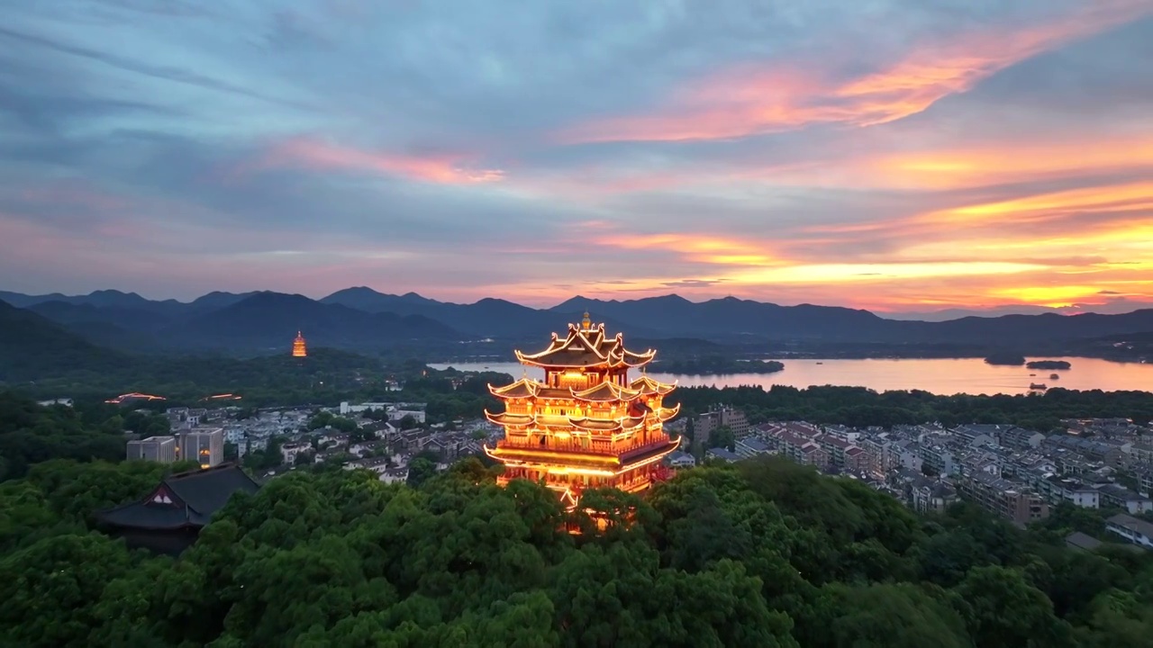 杭州西湖日落城隍阁夜景视频下载