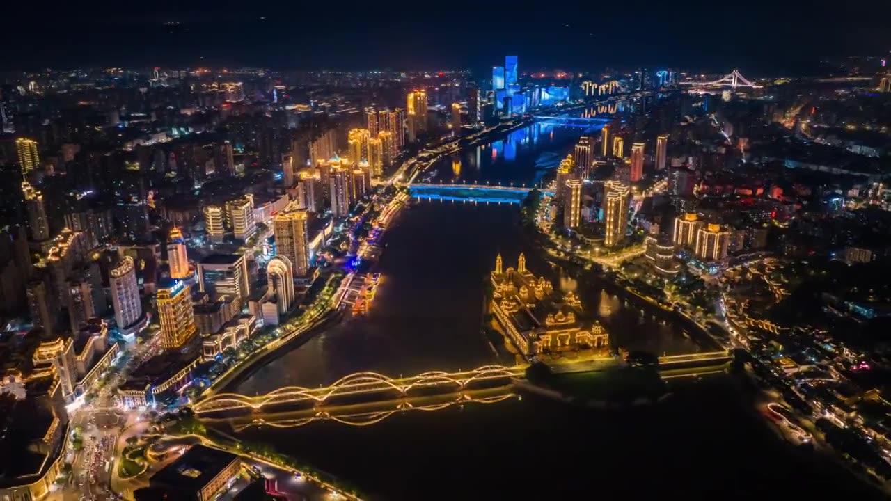福建福州闽江中洲岛解放大桥城市夜景航拍视频下载