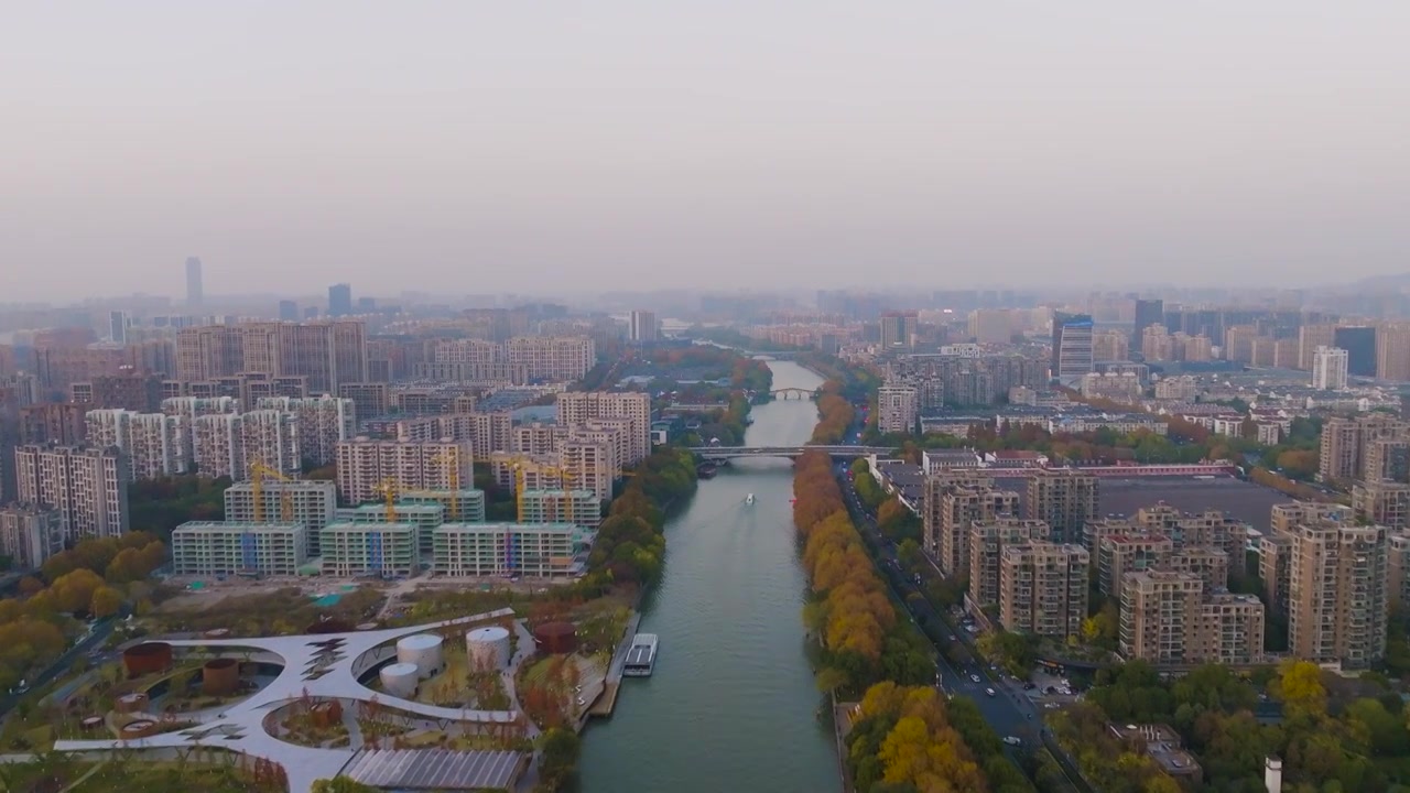 杭州京杭大运河小河公园夕阳航拍视频下载