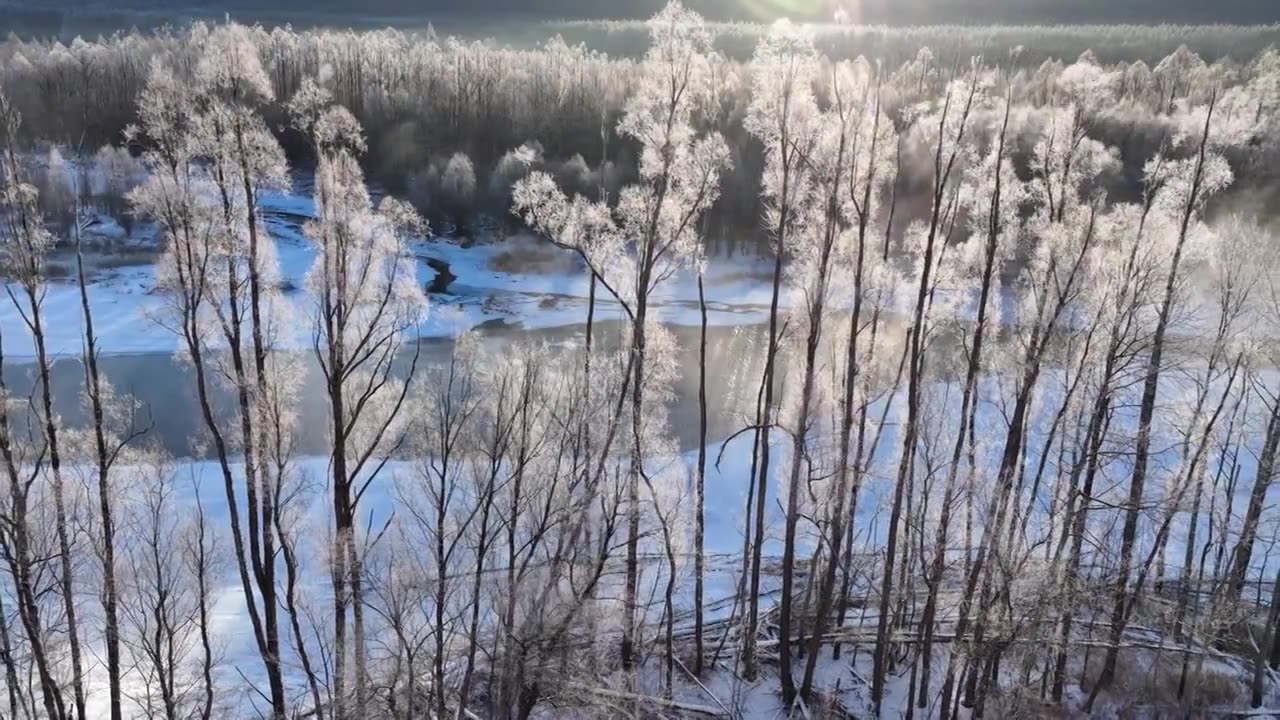 航拍林海雪原冰河冻雾朝阳视频下载
