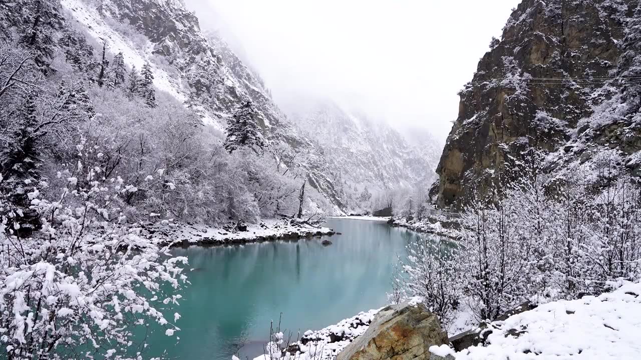 西藏昌都市八宿县然乌湖冬天雪山森林冰河雾凇雪景风光视频素材