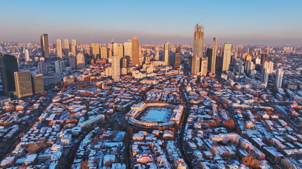 航拍天津五大道民园广场雪景视频素材