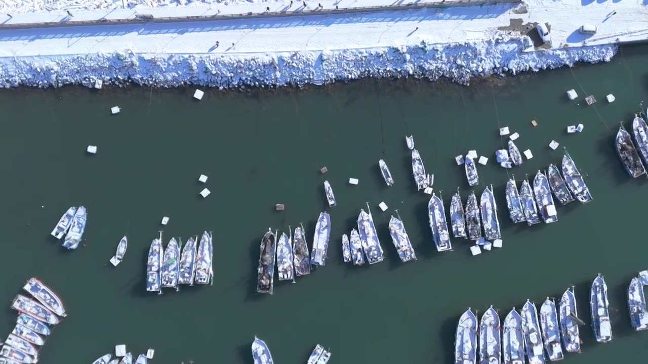 4K 航拍 雪后大连海边停泊的渔船视频素材