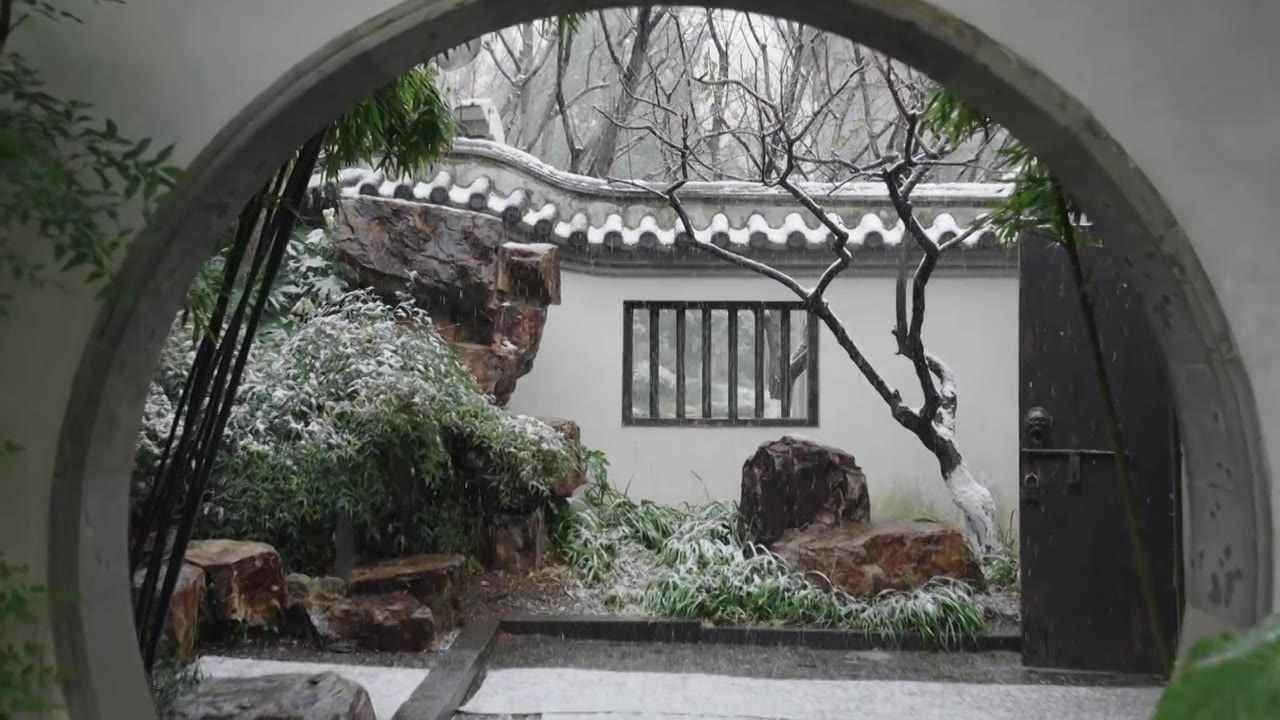 下雪中的江南园林，雪中的江阴兴国公园，雪中的中山公园，江南园林雪景，下雪，雪景，江阴市园林雪景视频下载