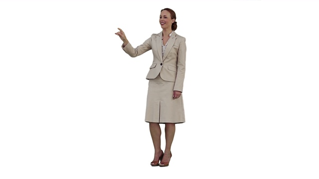 一位面带微笑的女士正在使用白色背景下的虚拟屏幕视频下载
