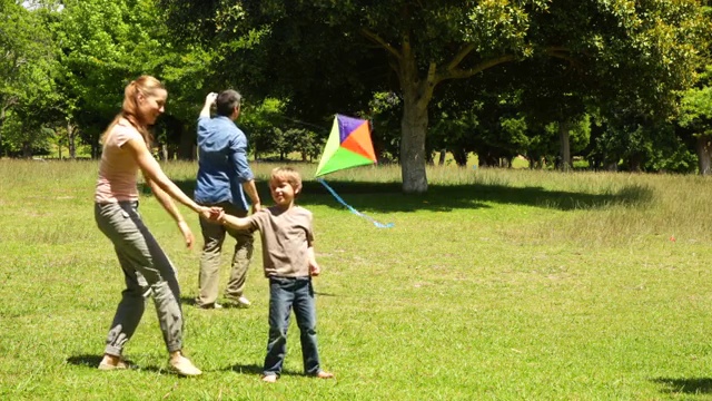 在一个阳光明媚的日子里，小男孩和父母在公园里放风筝嬉戏视频下载