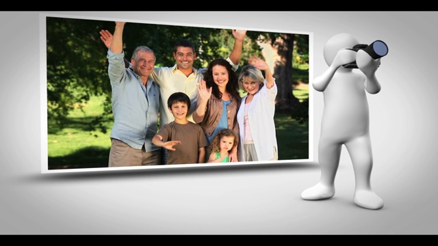 家庭摄影动画与数码人物拍摄照片在白色的背景视频下载