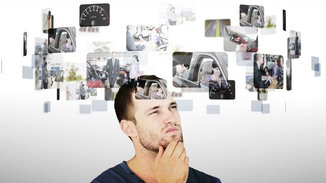 黑发男子在汽车动画蒙太奇视频之间犹豫不决视频素材