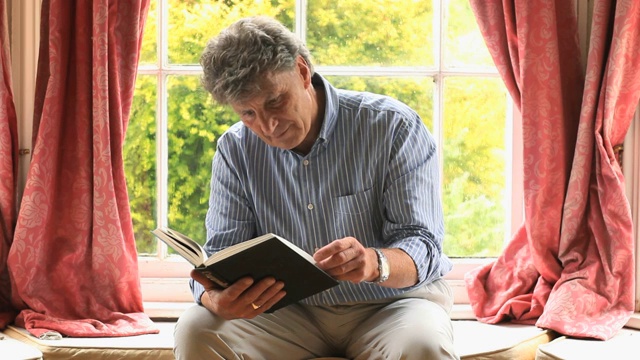 一个专注的成年人坐在客厅的窗边看书视频素材