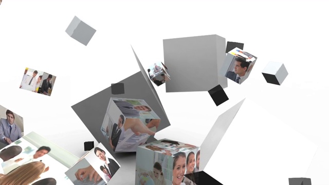 商业情况的蒙太奇落入立方体在白色的背景视频下载