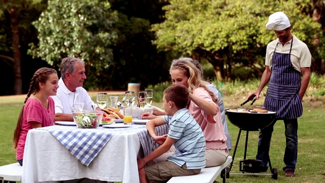 快乐的一家人在公园吃饭，爸爸做饭烧烤视频素材