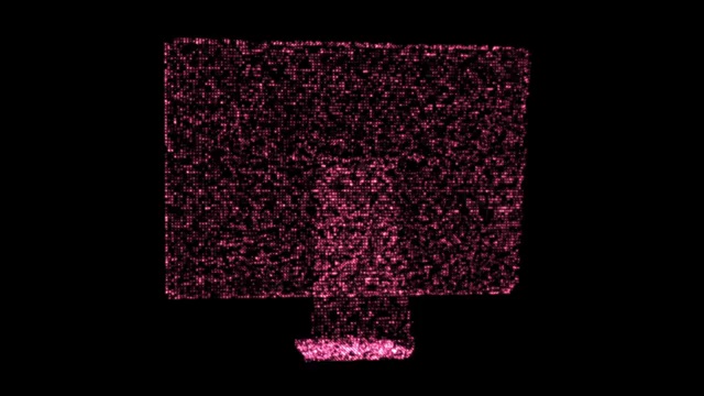 旋转的电脑显示器在黑色背景上闪烁着粉红色视频下载