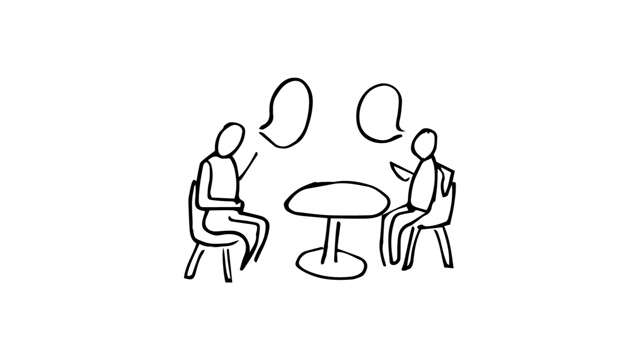 动画缓慢出现的人坐在桌子上聊天的白色背景视频下载
