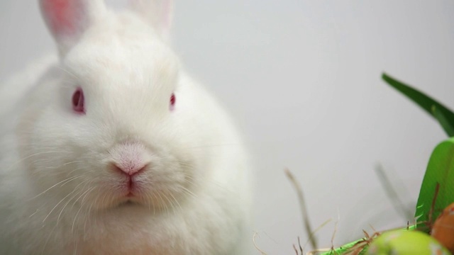 兔子在水仙花和彩蛋旁特写视频下载