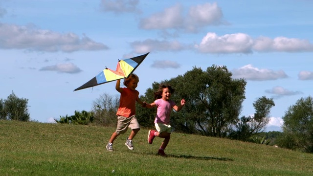 两个孩子在公园里放风筝特写视频下载