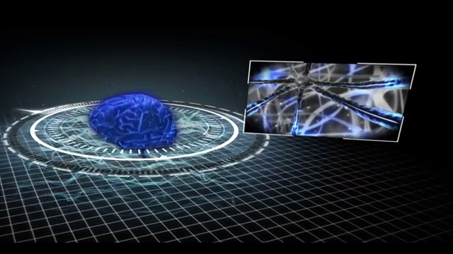动画显示各种医疗剪辑来自旋转的大脑在蓝色和黑色的背景视频下载
