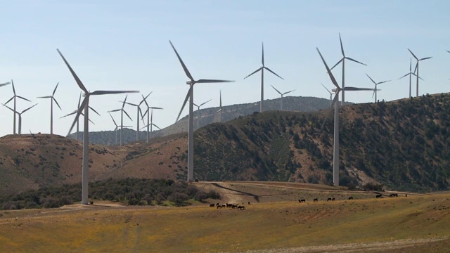 一排风力涡轮机在风电场上旋转视频下载
