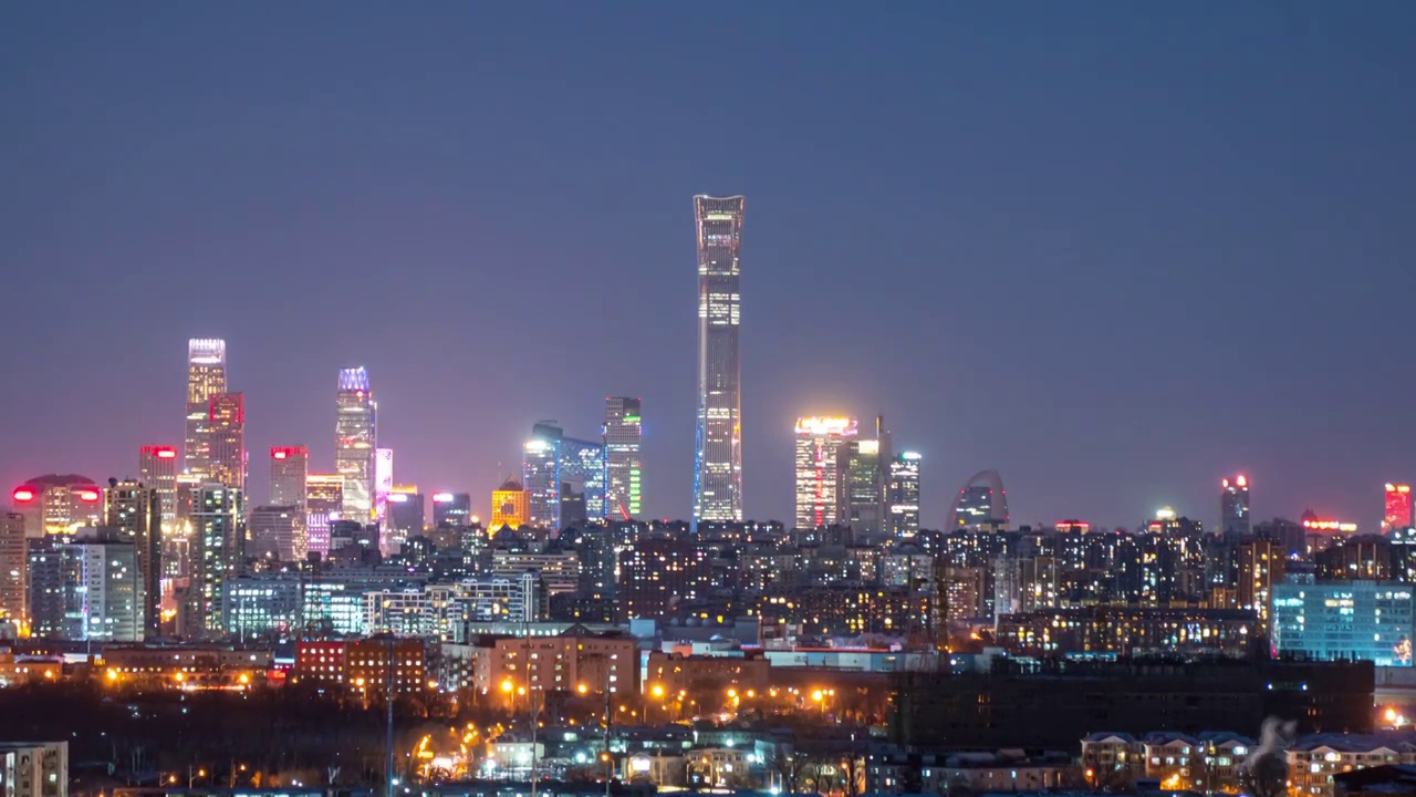 北京国贸CBD雪后夜景延时摄影视频下载