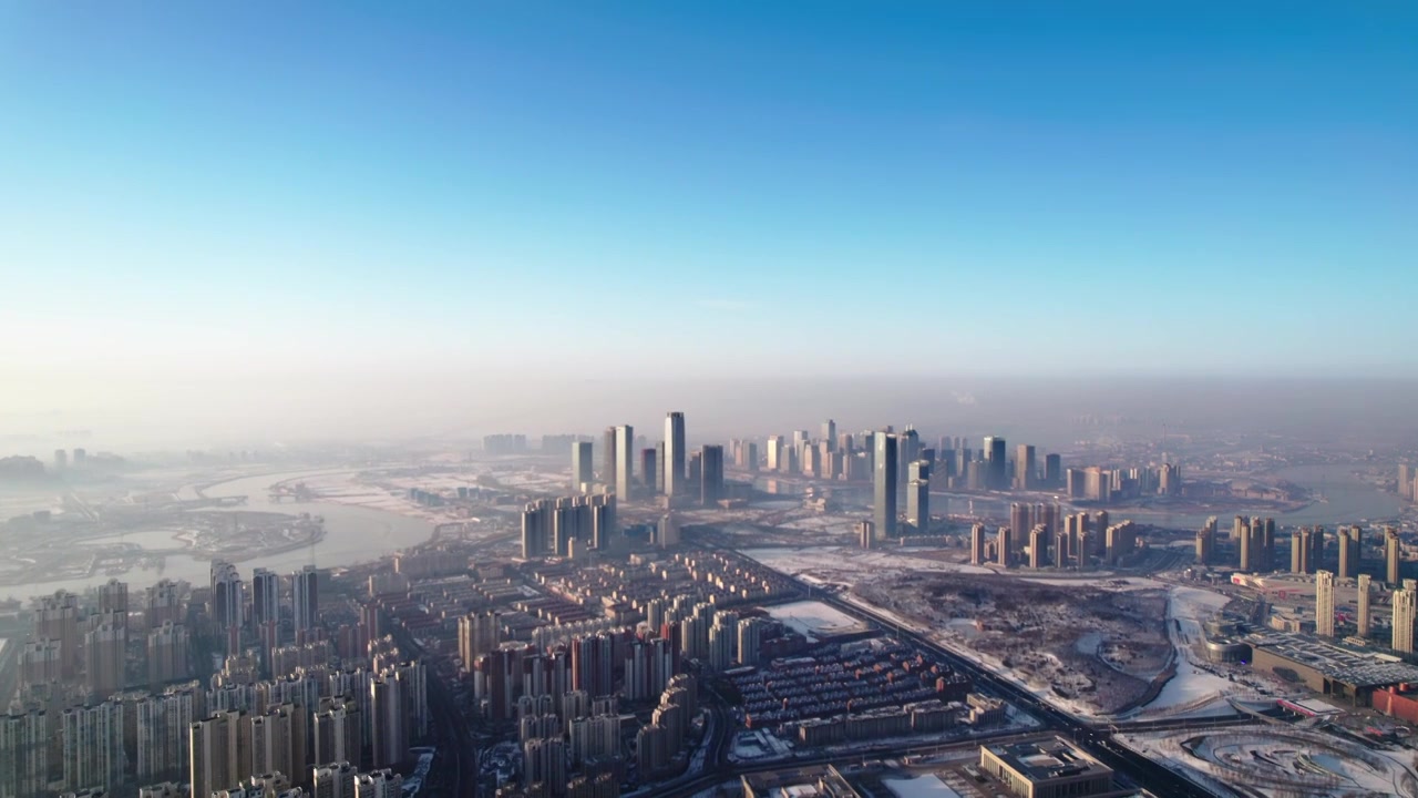 天津滨海新区海河响螺湾于家堡金融中心城市建筑日出风光航拍视频下载