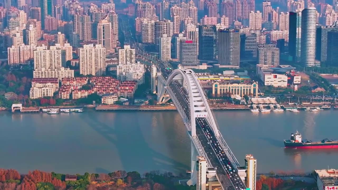航拍云雾中上海城市天际线与卢浦大桥近中远景 黄浦江视频下载