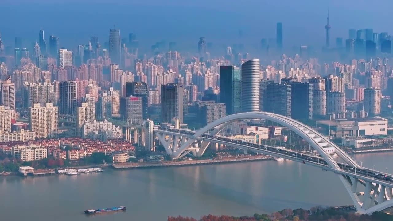 航拍云雾中上海城市天际线与卢浦大桥近中远景 黄浦江视频下载