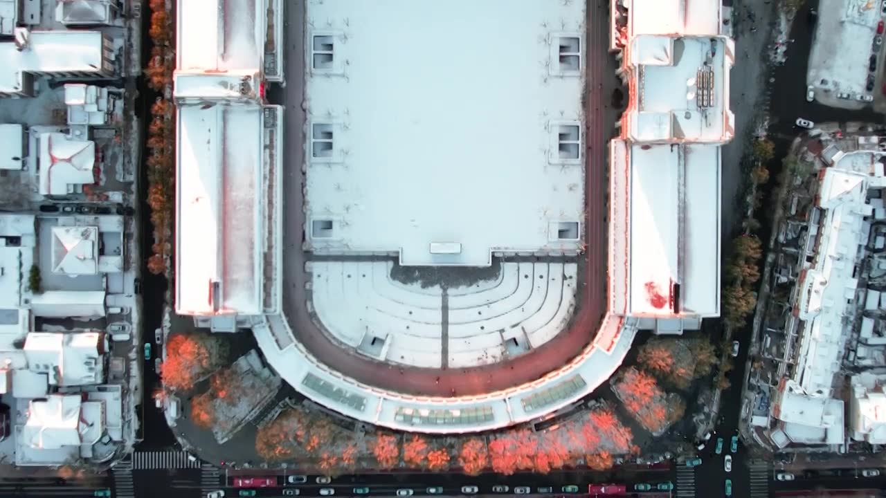 天津五大道民园体育场城市建筑雪景风光航拍视频下载