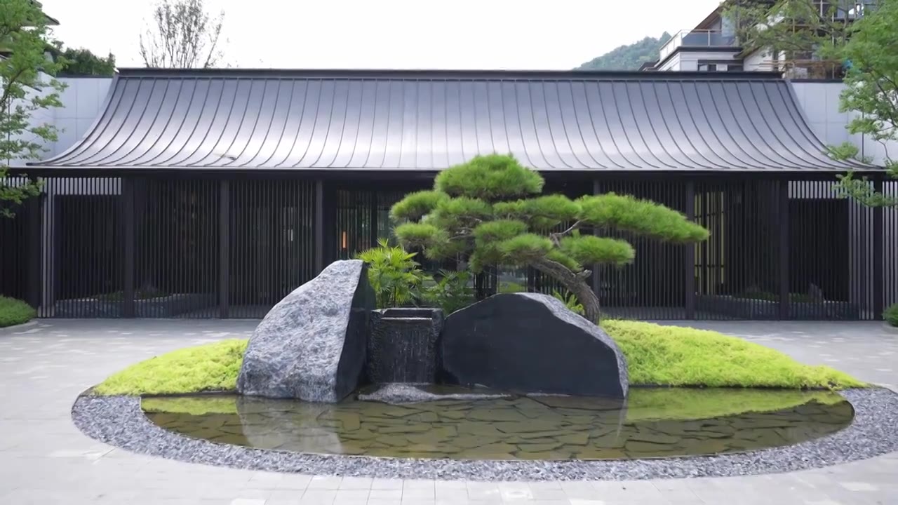 现代新中式传统建筑门口的景观树和水景视频下载
