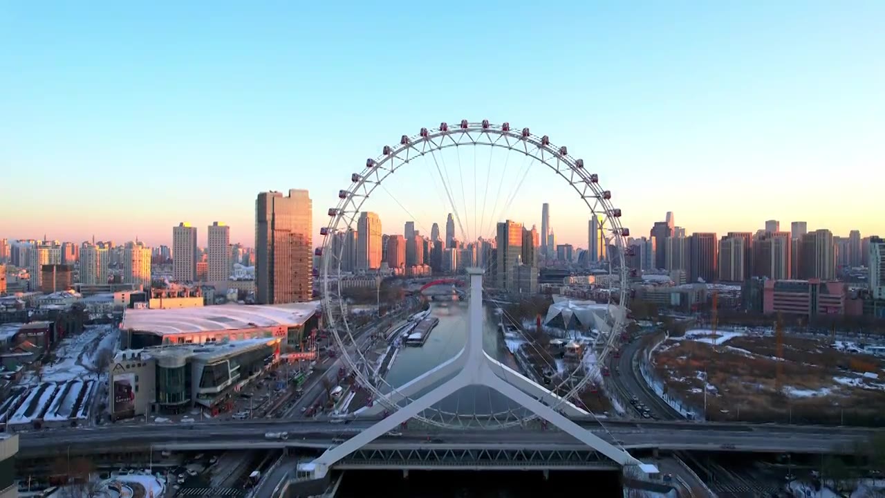 海河天津之眼摩天轮城市建筑雪景日落风光视频下载