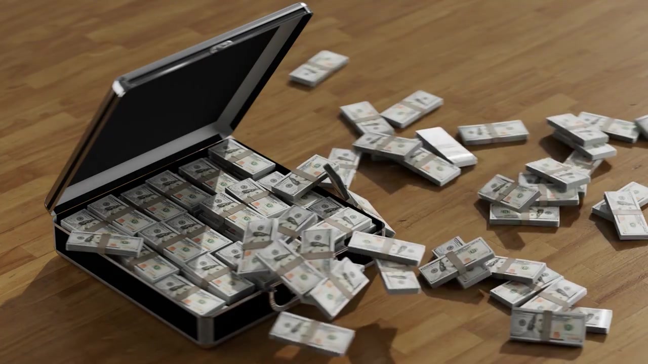 大量美元掉落到打开的手提保险箱，三维动画视频下载