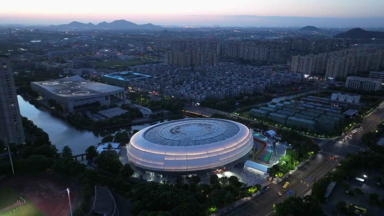 航拍绍兴中国轻纺城体育中心视频素材