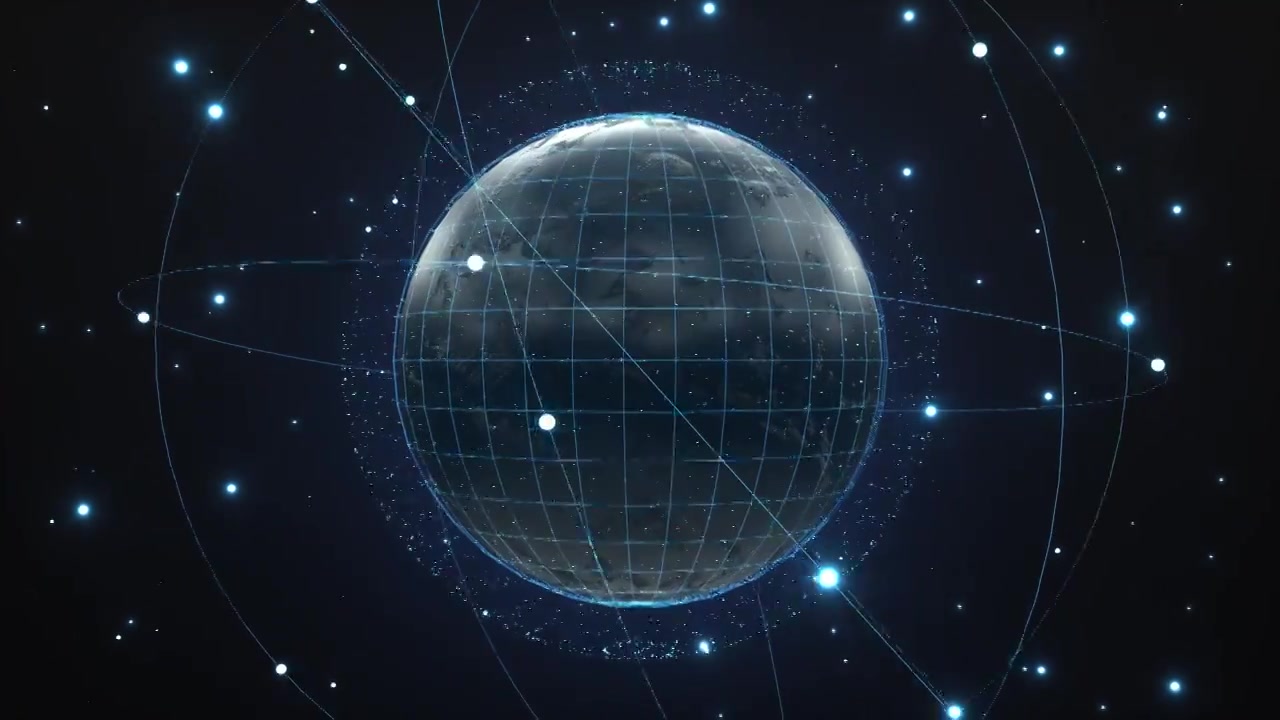 布满卫星的地球，三维动画特效视频素材