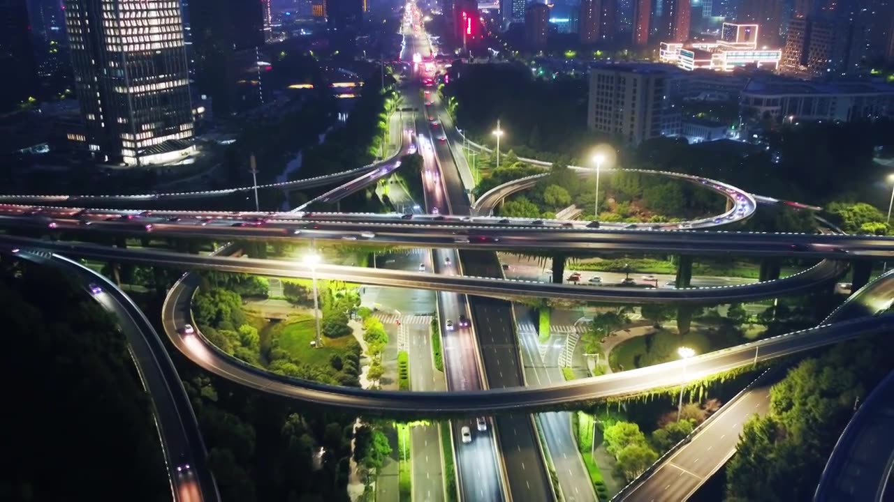 航拍杭州滨江时代高架立交桥夜景视频下载
