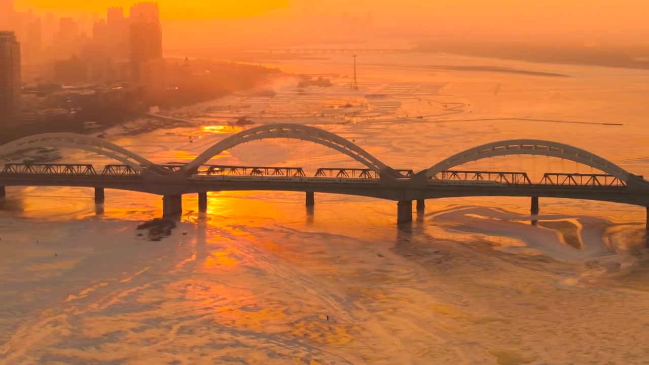 夕阳中行驶在哈尔滨松花江大桥上的高铁列车视频下载