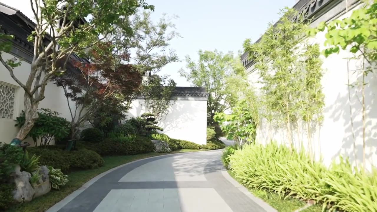 高档别墅中式合院小区道路园林绿化视频素材