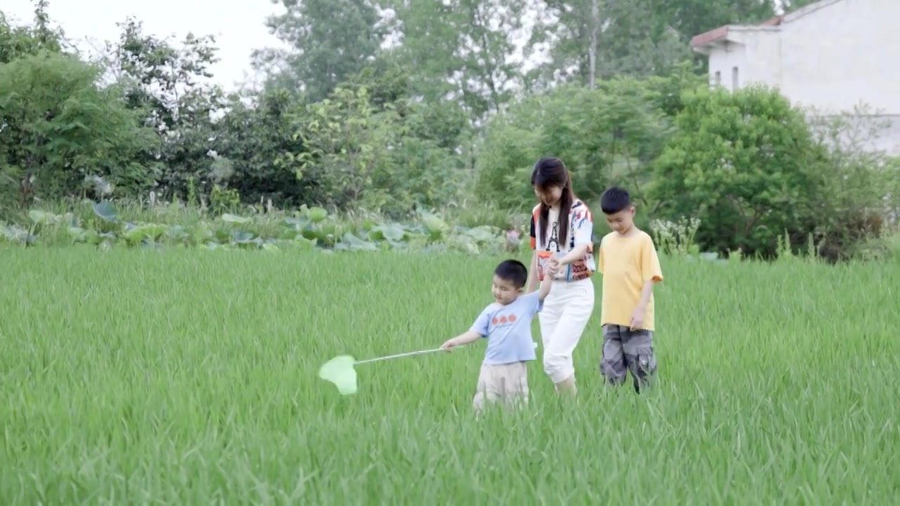 4K母子三人在稻田行走视频素材